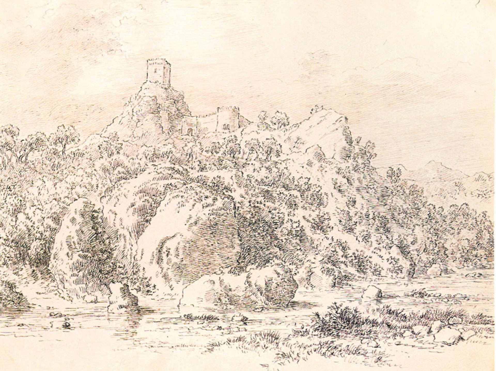 Ottavio Campedelli (1792-1862), &laquo;La rocca di Monte Leone e la Rocchetta Mattei a Grizzana Morandi&raquo;, prima metà del XIX sec.: lo sperone di Savignano con la torre e le cortine della rocca medievale ancora in piedi, sul fiume ai suoi piedi &mdash; la stessa struttura rilevata dal Catasto, prima che Cesare Mattei vi edificasse la Rocchetta (dal 1850). Collezioni Fondazione Carisbo.