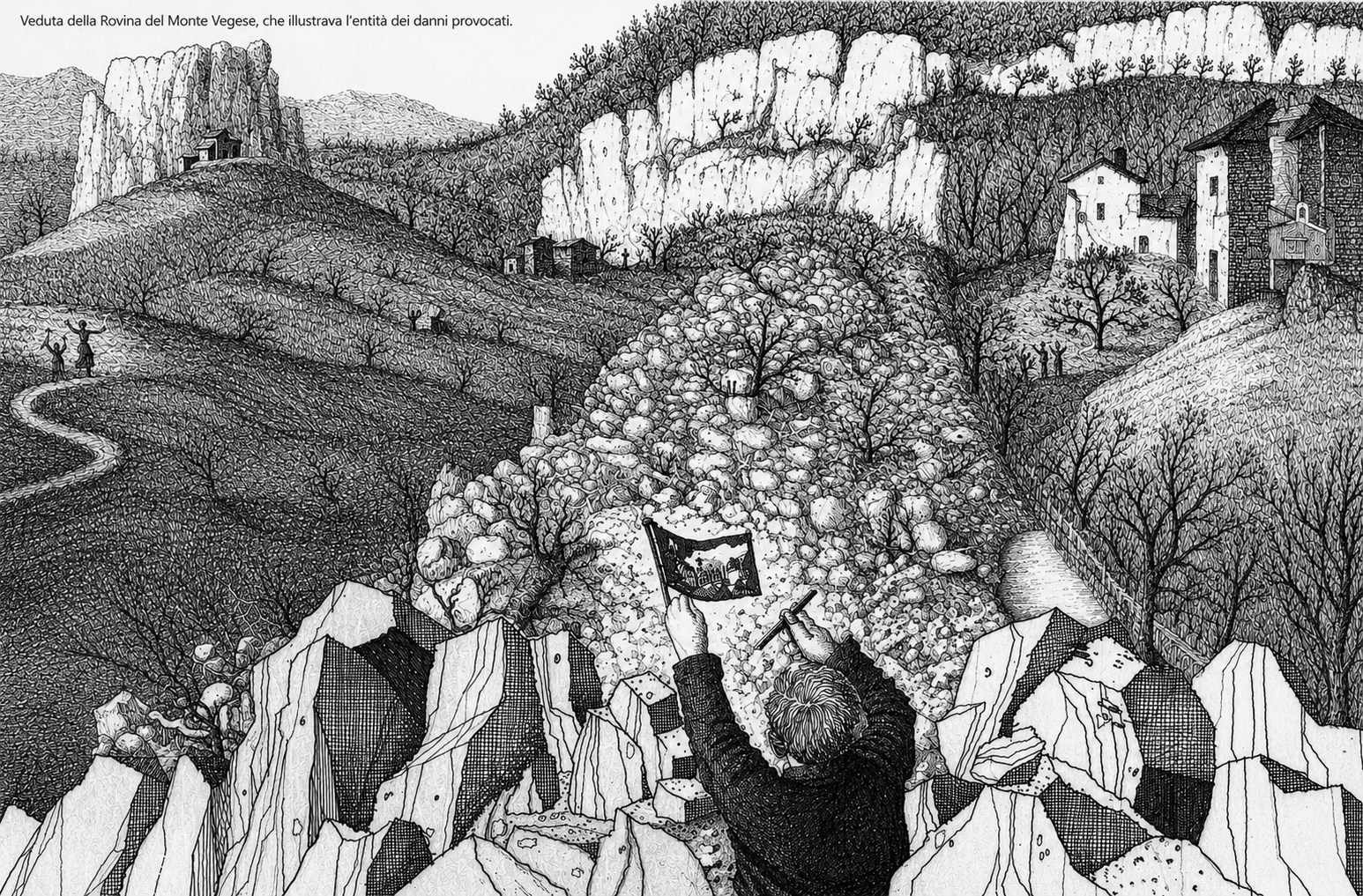 Veduta della Rovina del Monte Vigese, dal bozzetto di E. Corty.