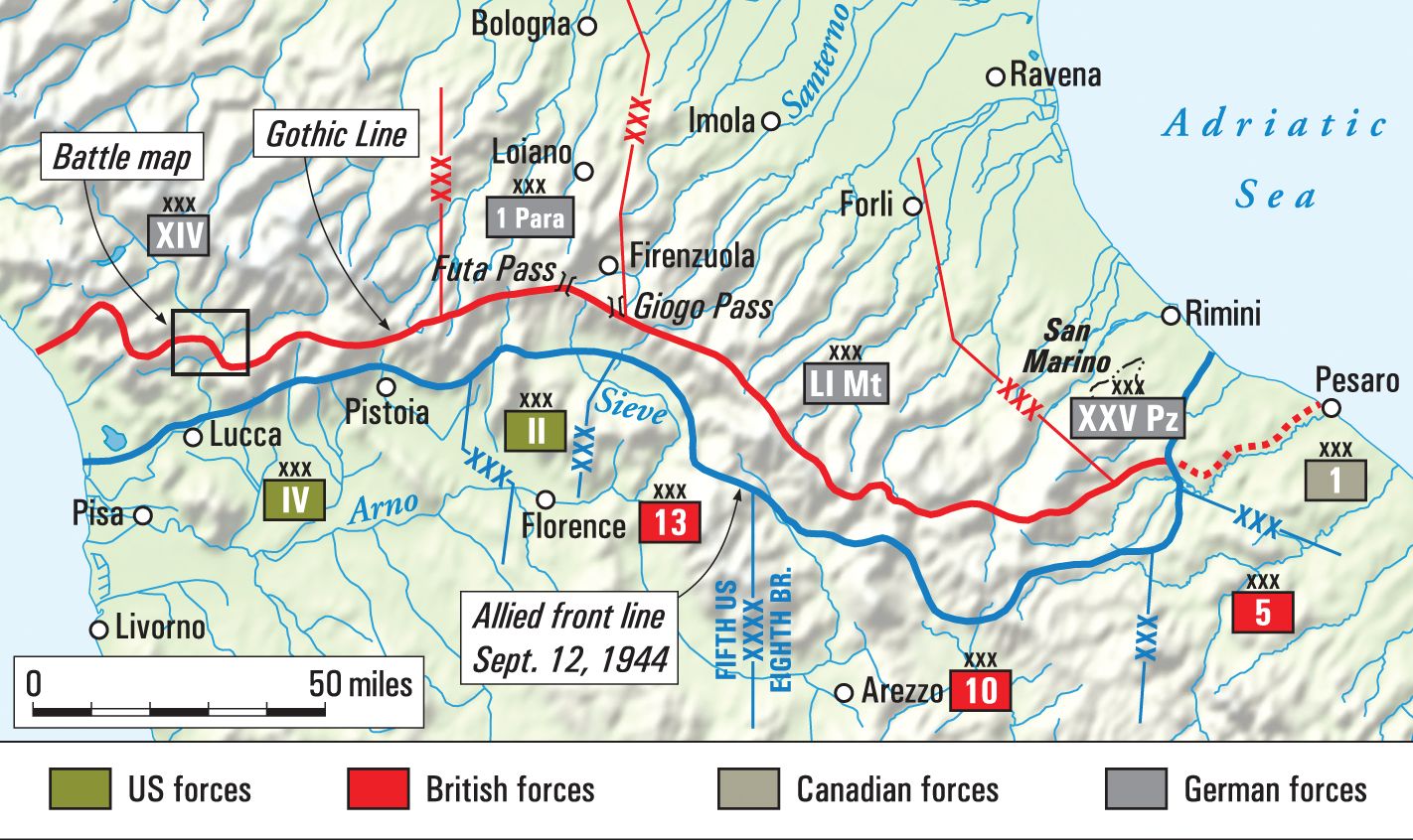 Cartina della Linea Gotica, estate 1944