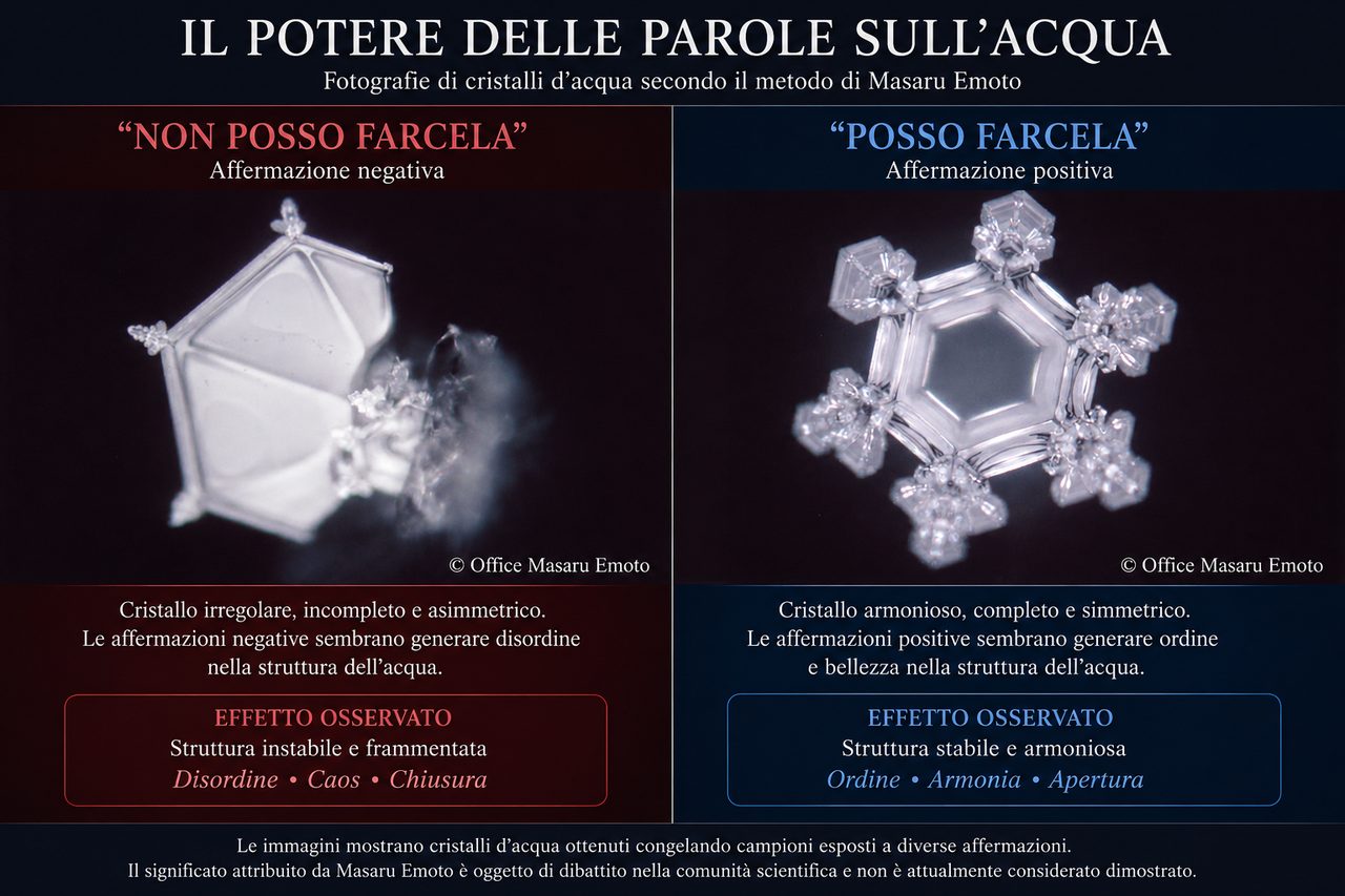 Cristalli d'acqua fotografati secondo il metodo di Masaru Emoto